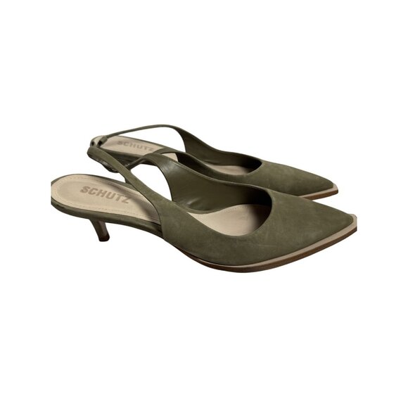 Schutz Olive Green Suede Pointed Toe Slingback Kitten Heels Size 8 - Picture 4 of 10